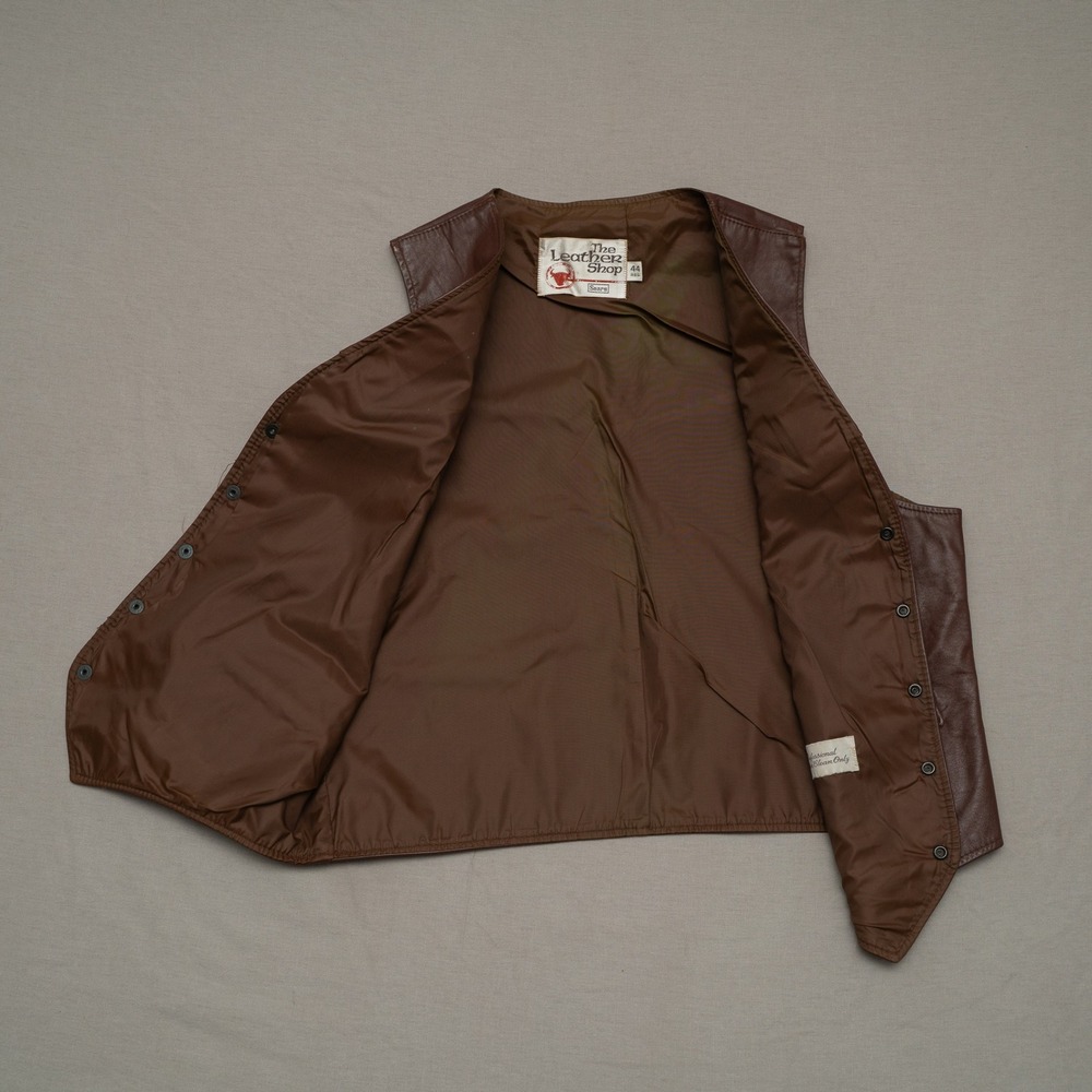 Vintage 70s 80s Sears Leather Shop Dark Brown Leather Vest 44 Reg Cowboy Western - Picture 6 of 9